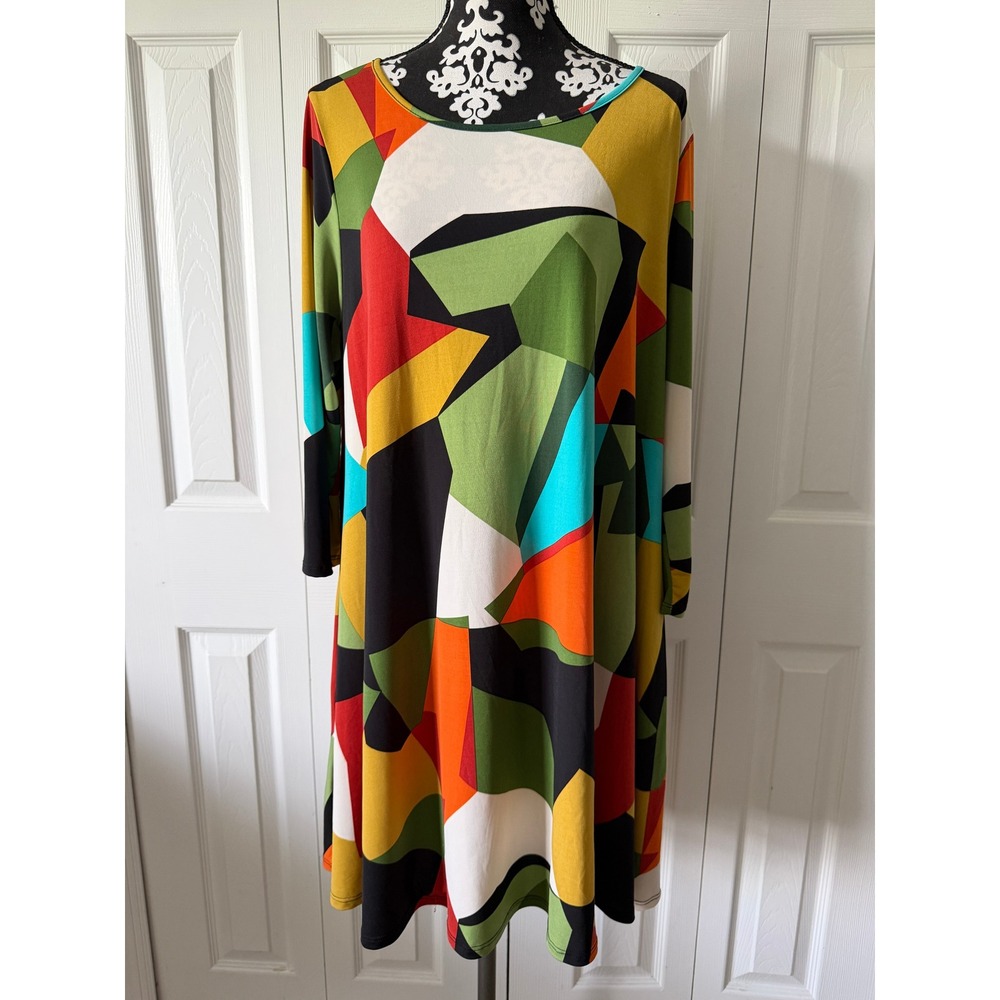 HERSHE Geometric Abstract Print A-Line Dress Multicolor Long Sleeve 2XL USA